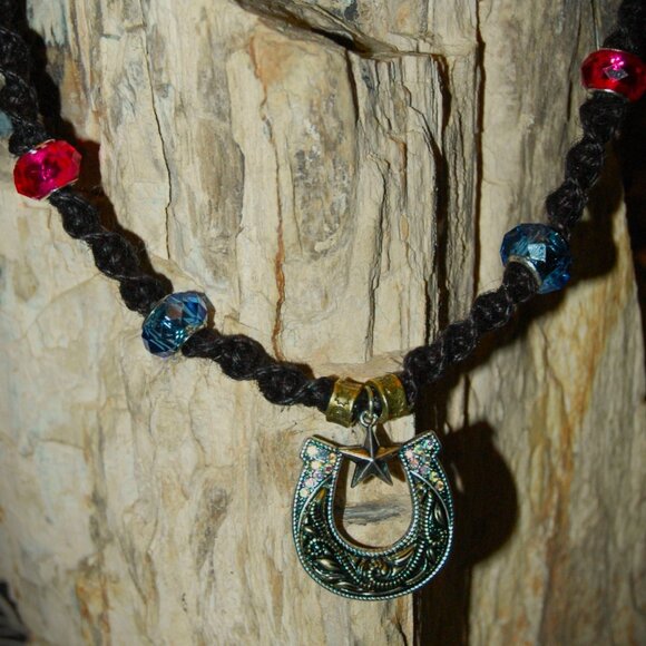 Gold-Toned Antiqued Rhinestone Horseshoe on a Handmade Black 20 1/4" Hemp Chain - Picture 5 of 6